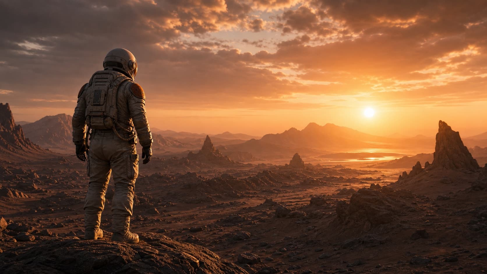 Lone traveler in a weathered spacesuit standing on a rocky ridge above an alien valley at sunset