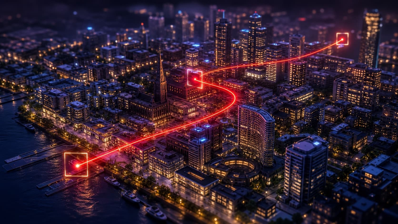 Night city miniature from above with a glowing red camera path curve over rooftops