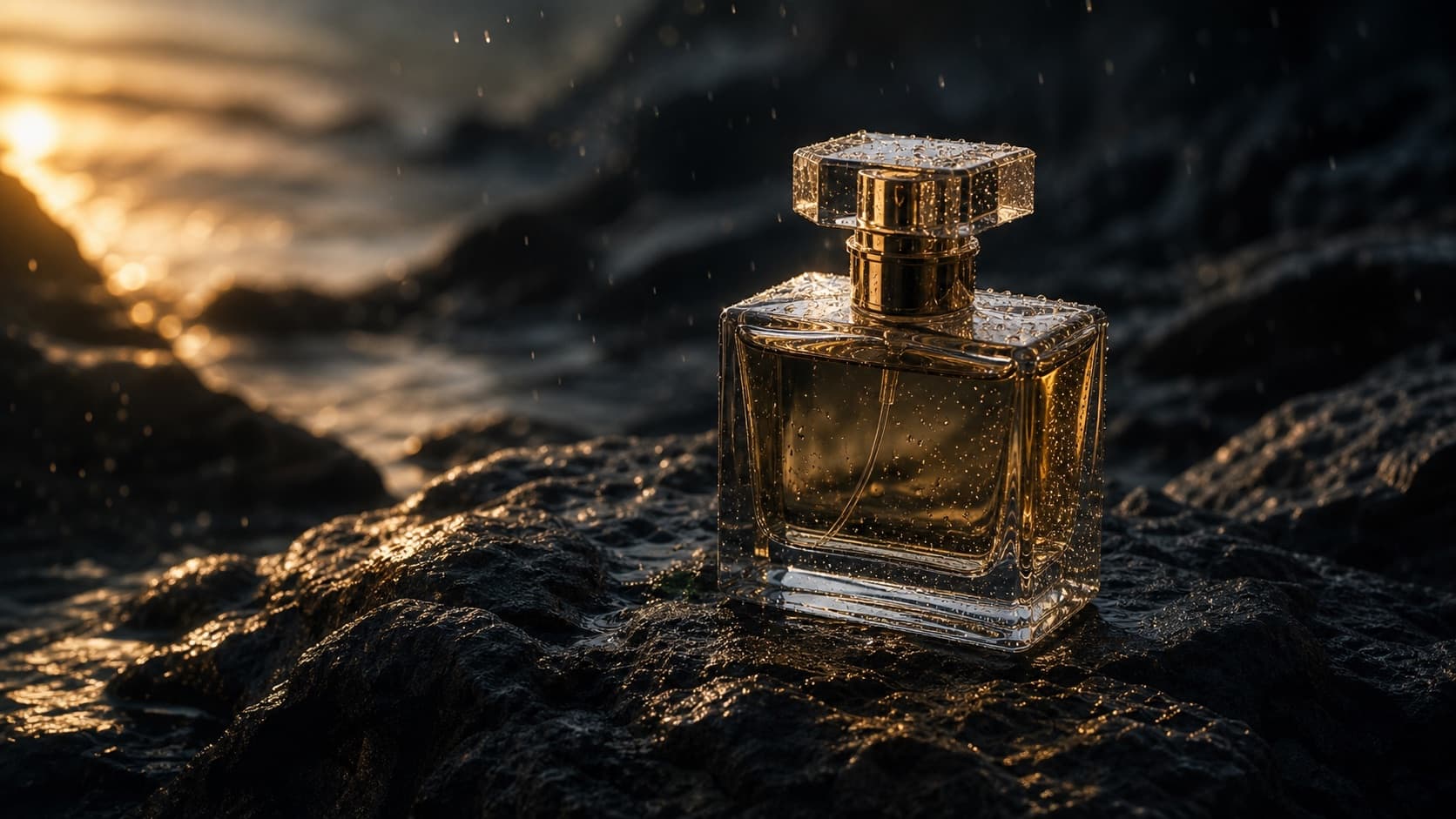 Luxury perfume bottle on dark volcanic stone with rain droplets and warm gold rim light
