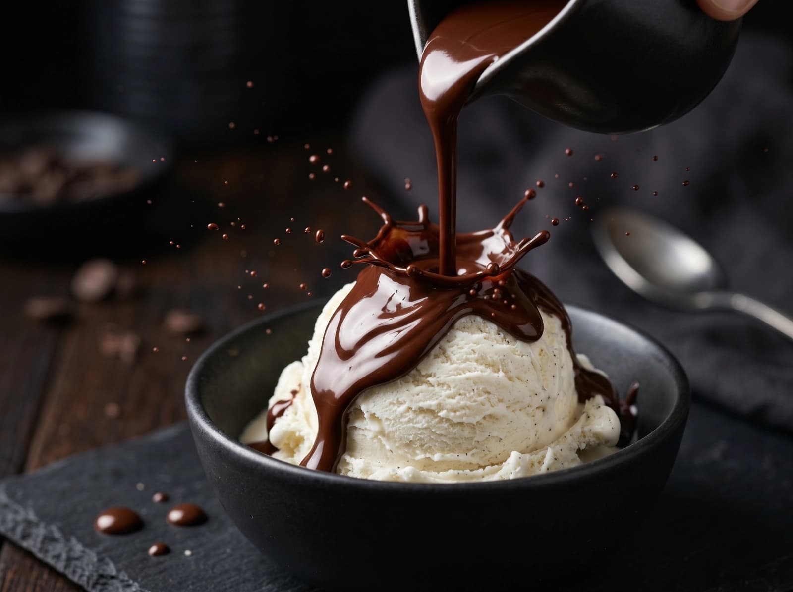 Dark chocolate sauce being poured over vanilla ice cream