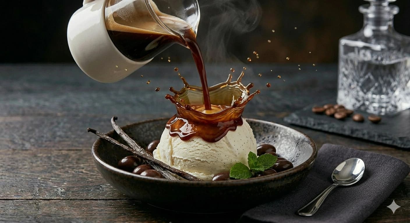 Espresso being poured over vanilla ice cream
