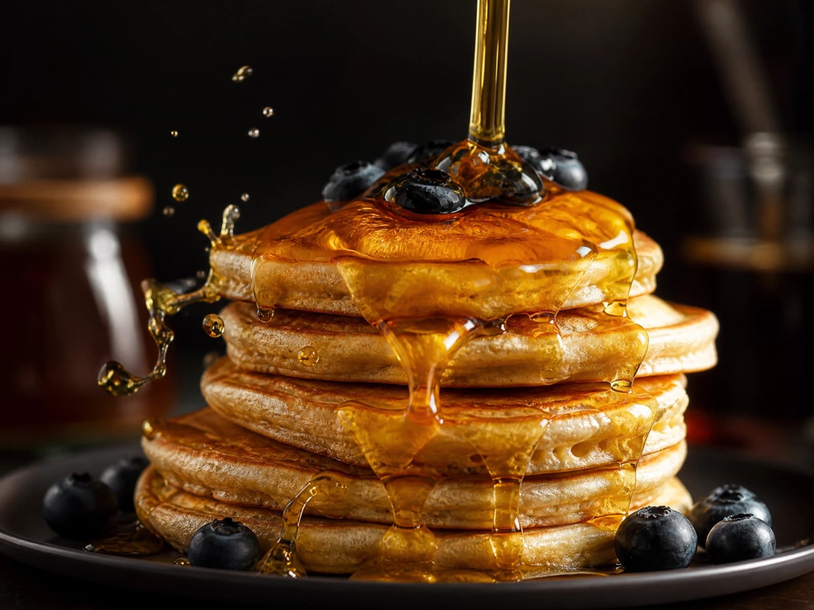 Maple syrup being poured onto a pancake stack