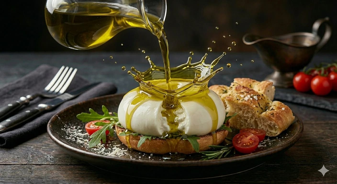Olive oil being poured onto fresh burrata cheese