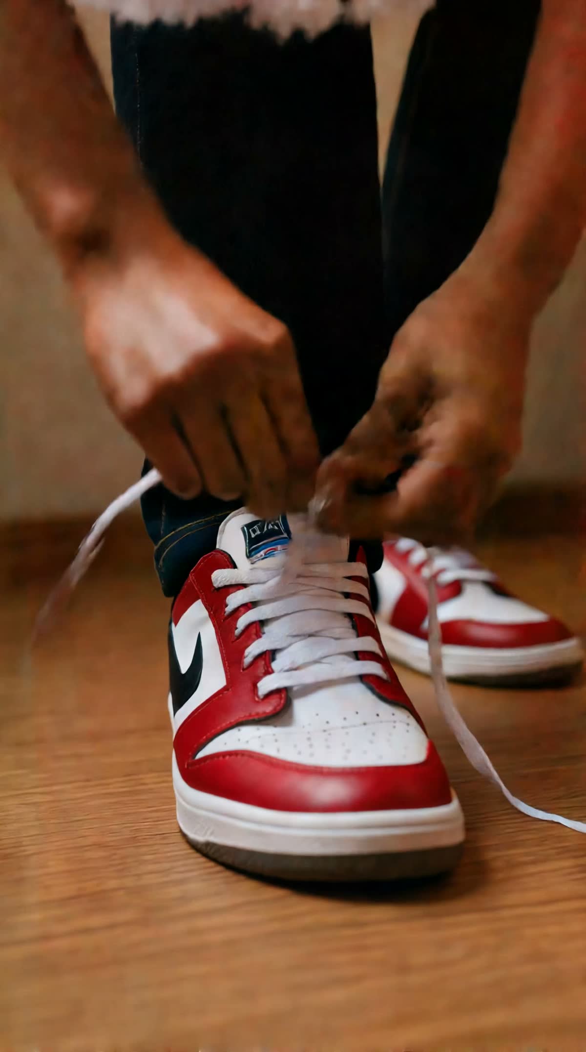 Norway-inspired AI football matchday vlog frame showing red and white sneakers being tied