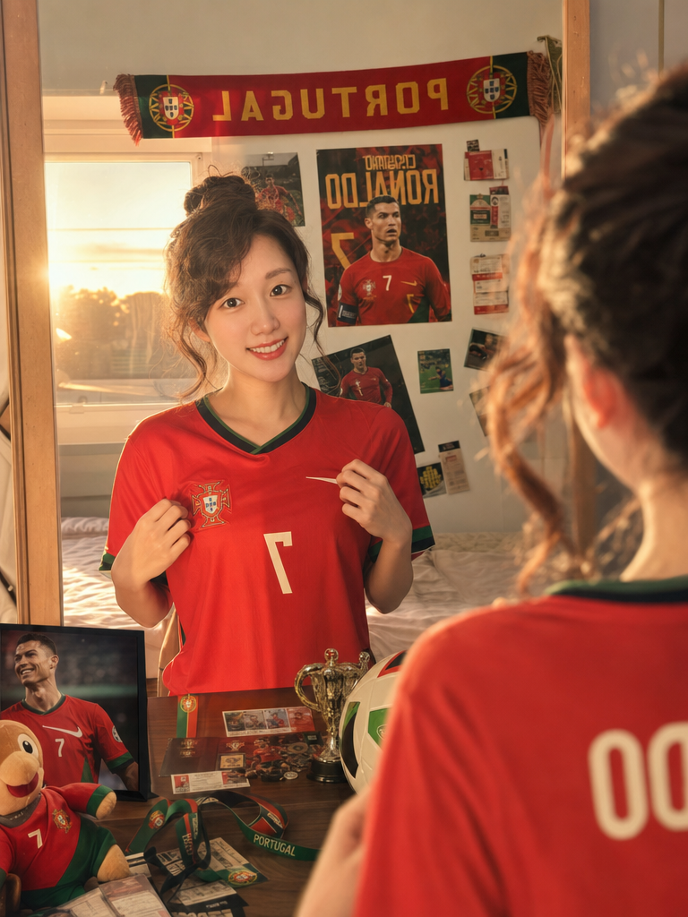 Portugal-inspired AI soccer fan mirror portrait in a football-themed bedroom